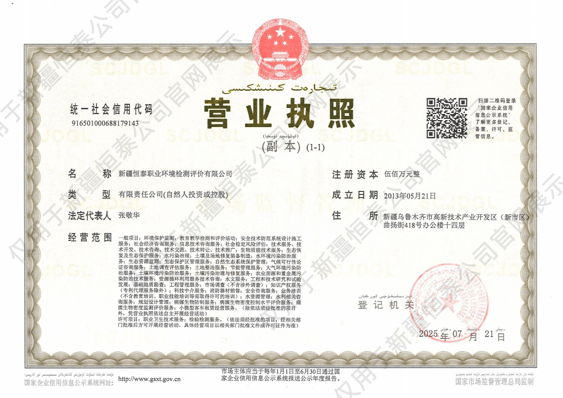 新疆恒泰职业环境检测评价有限公司营业执照